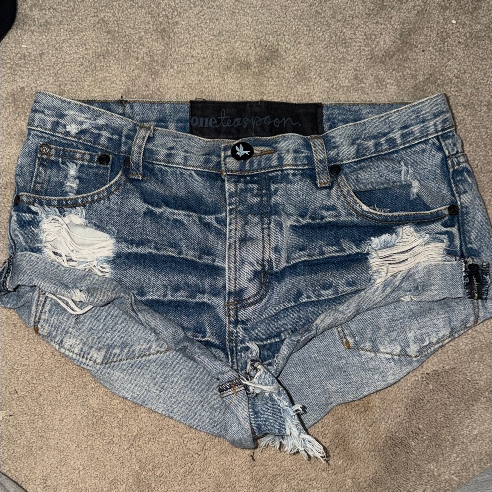 One Teaspoon Faded Blue Ripped Jean Shorts